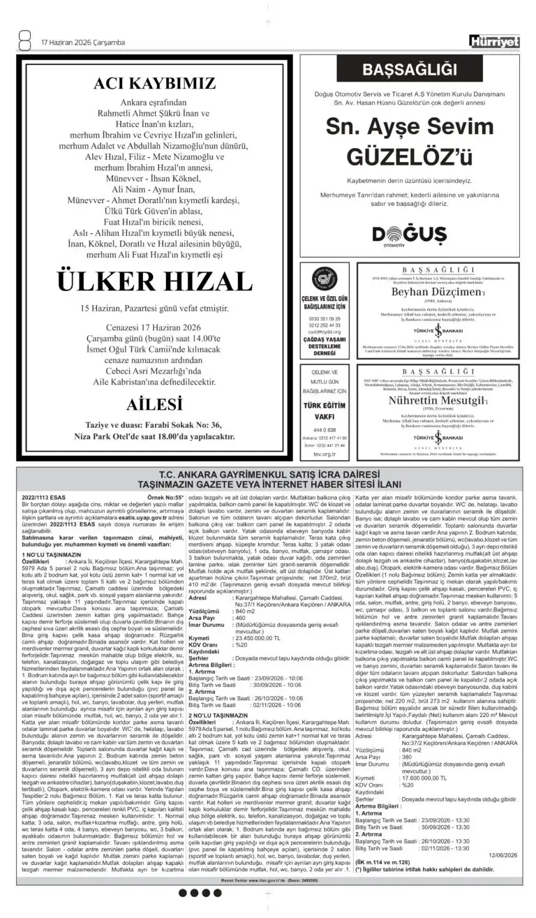 17 Haziran 2026 Hürriyet Vefat, Başsağlığı ilanı