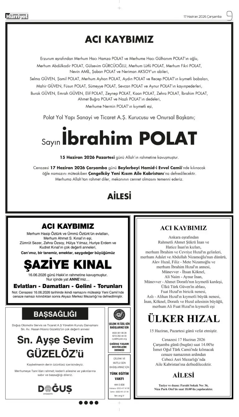 17 Haziran 2026 Hürriyet Vefat, Başsağlığı ilanı2