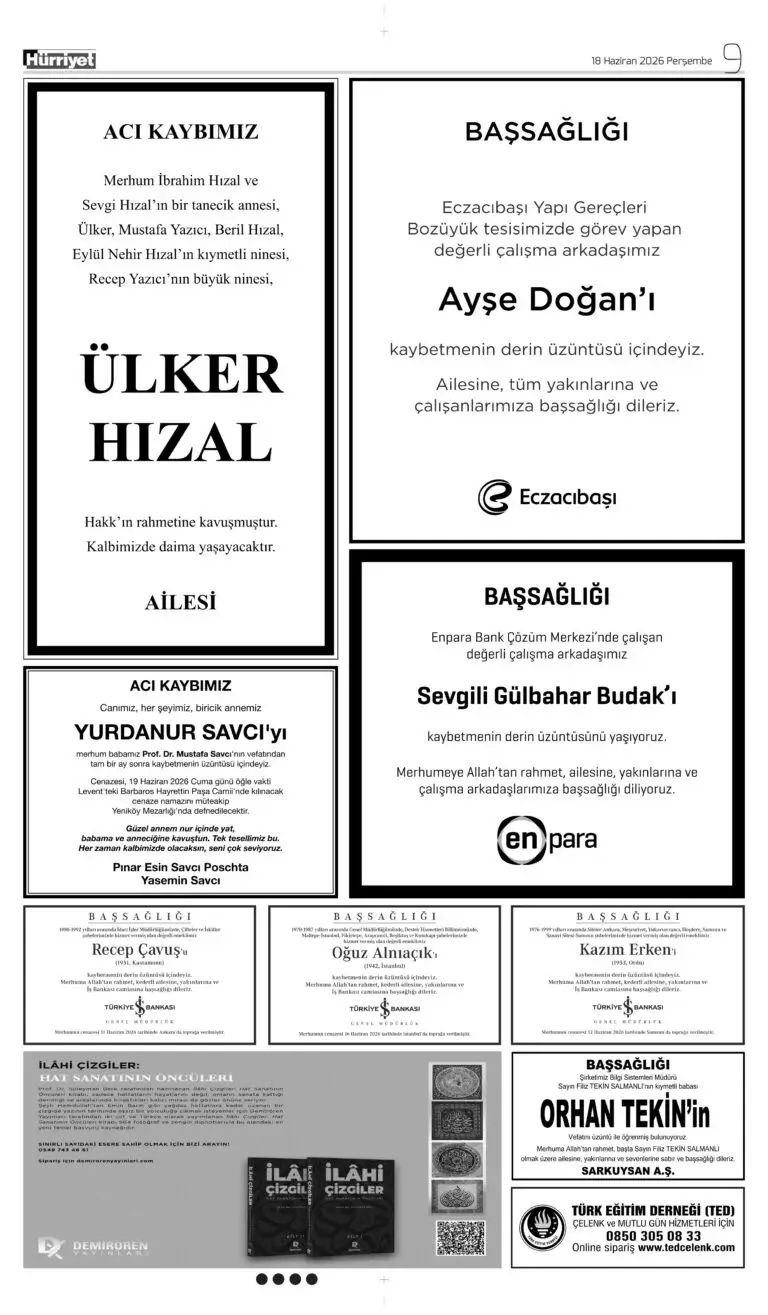 18 Haziran 2026 Hürriyet Vefat, Başsağlığı ilanı