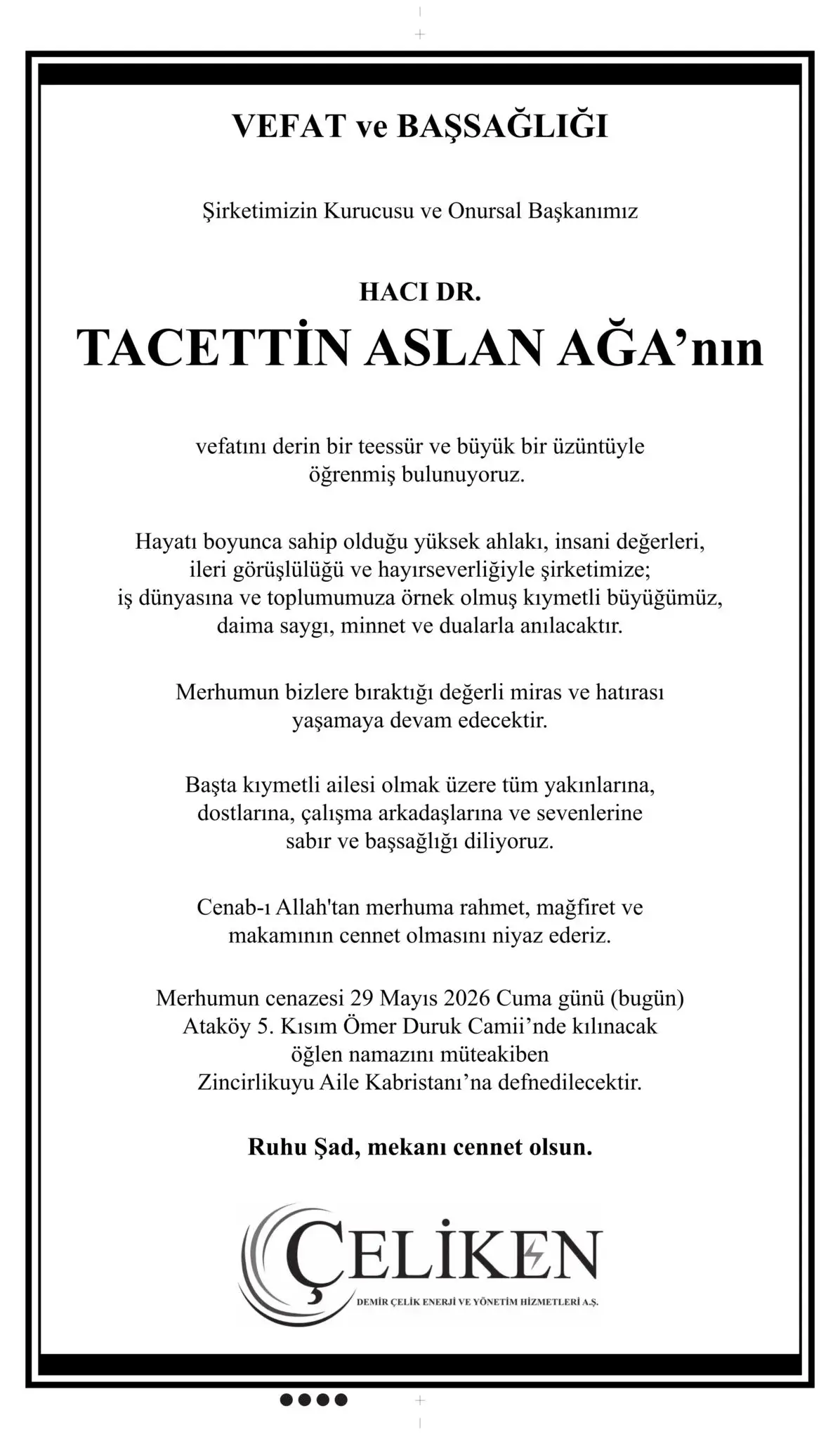 Hürriyet gazetesi 29 Mayıs 2026 Vefat ilanı 11