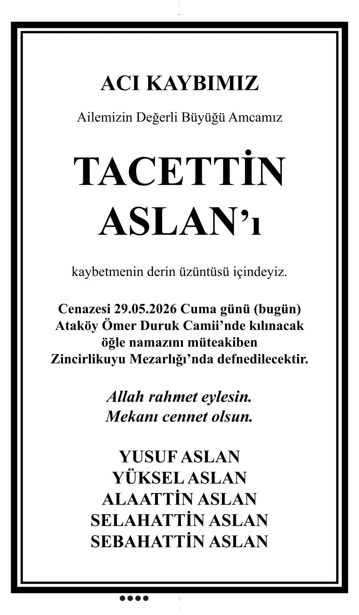 Hürriyet gazetesi 29 Mayıs 2026 Vefat ilanı 14