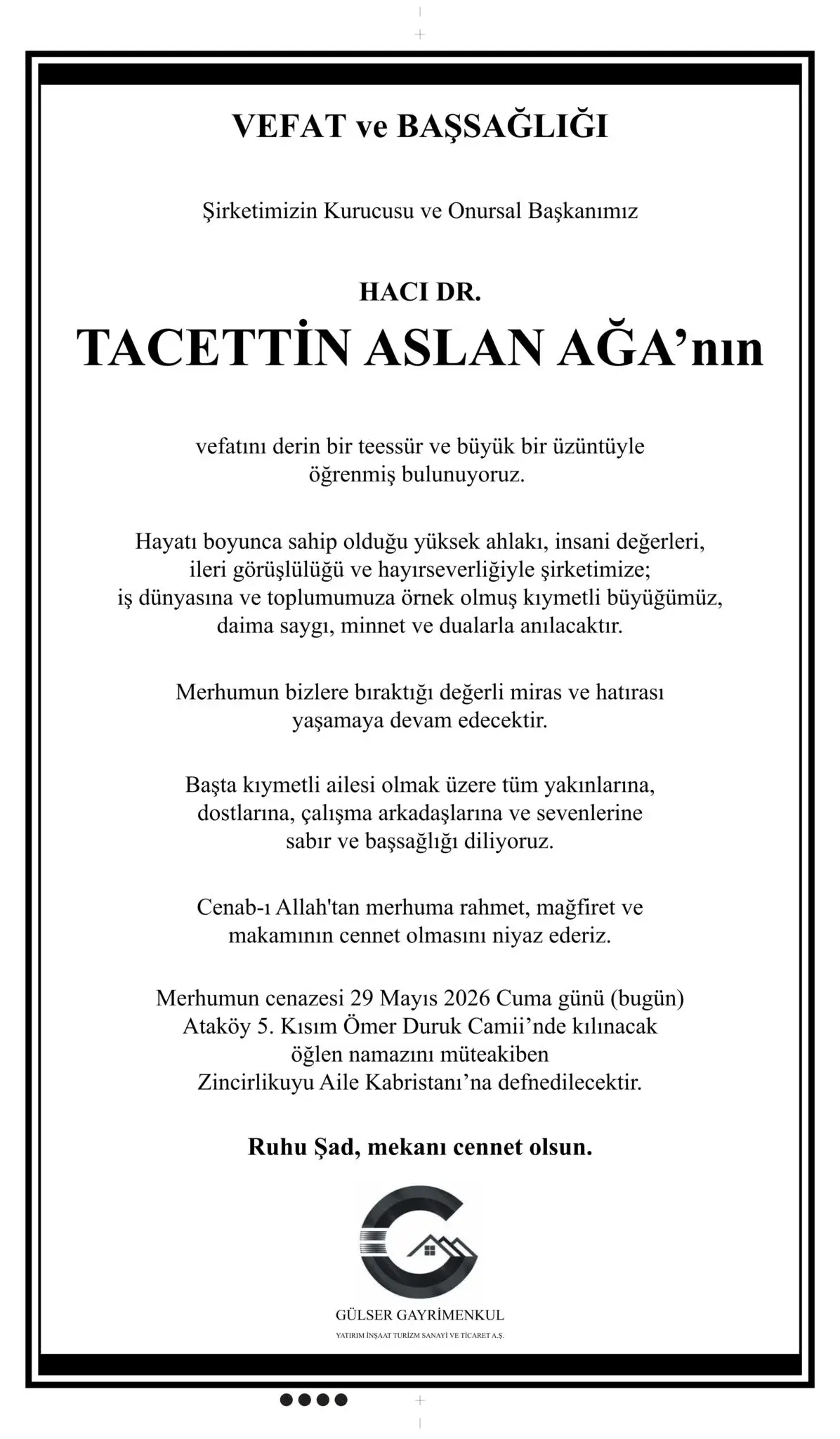 Hürriyet gazetesi 29 Mayıs 2026 Vefat ilanı 6