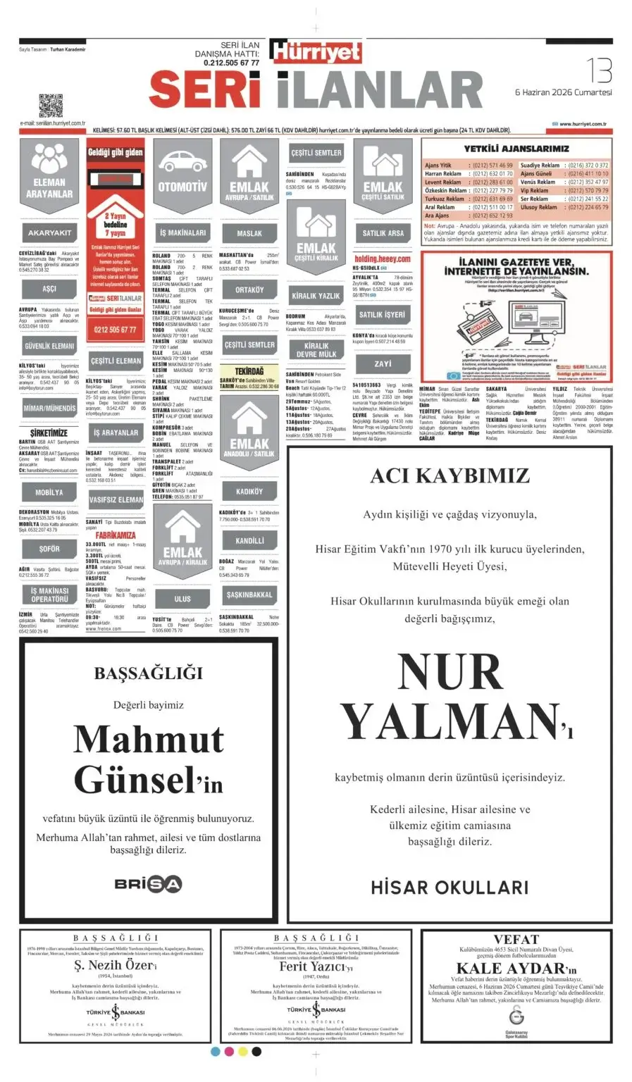 6 Haziran 2026 Hürriyet Vefat, Başsağlığı ilanı