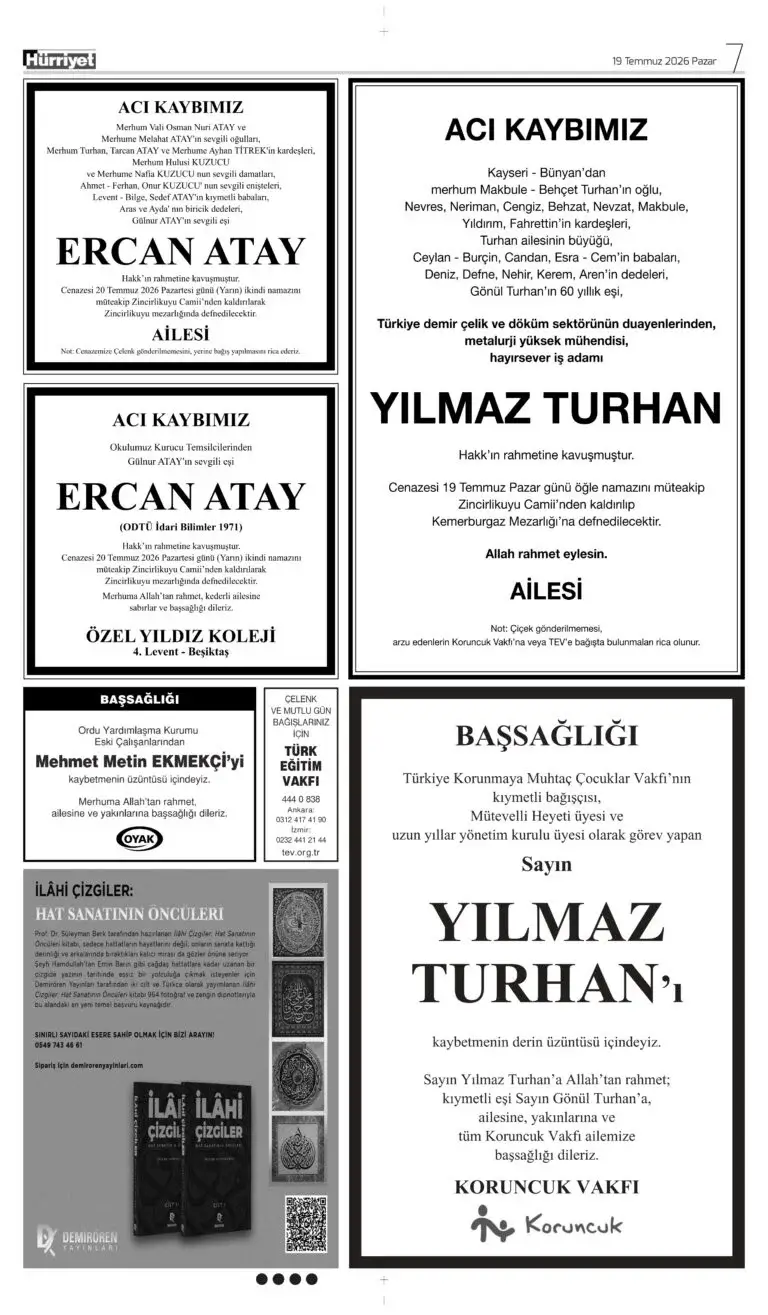 19 Temmuz2026 Hürriyet Vefat, Başsağlığı ilanı