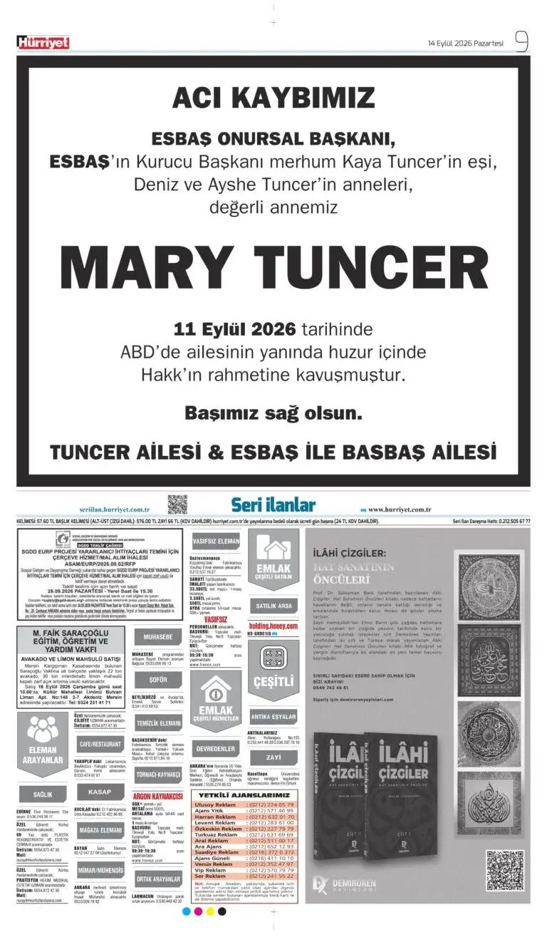 14 EYLÜL 2026 Hürriyet Vefat, Başsağlığı ilanı