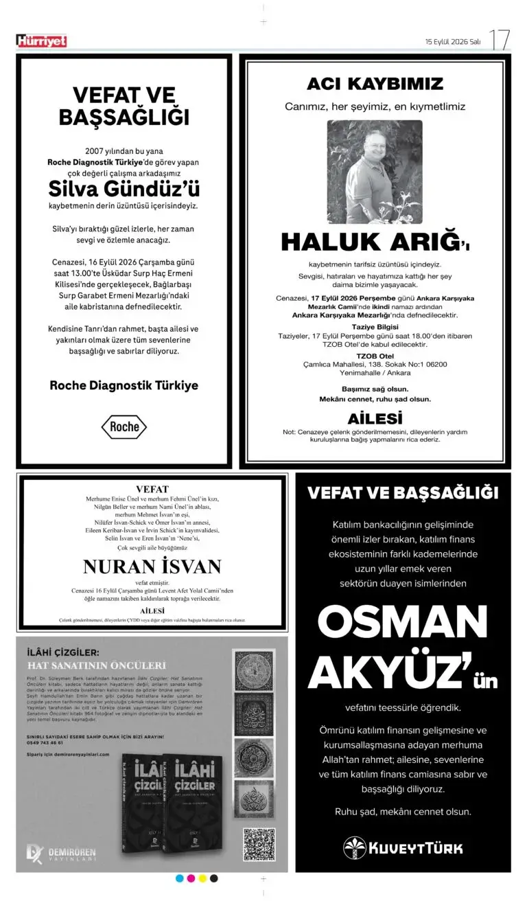 15 EYLÜL 2026 Hürriyet Vefat, Başsağlığı ilanı
