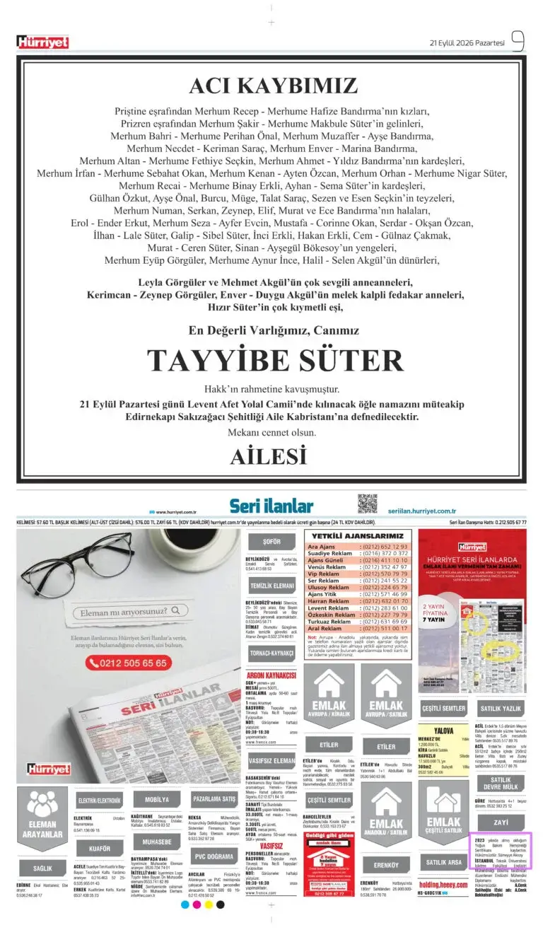 21 EYLÜL 2026 Hürriyet Vefat, Başsağlığı ilanı