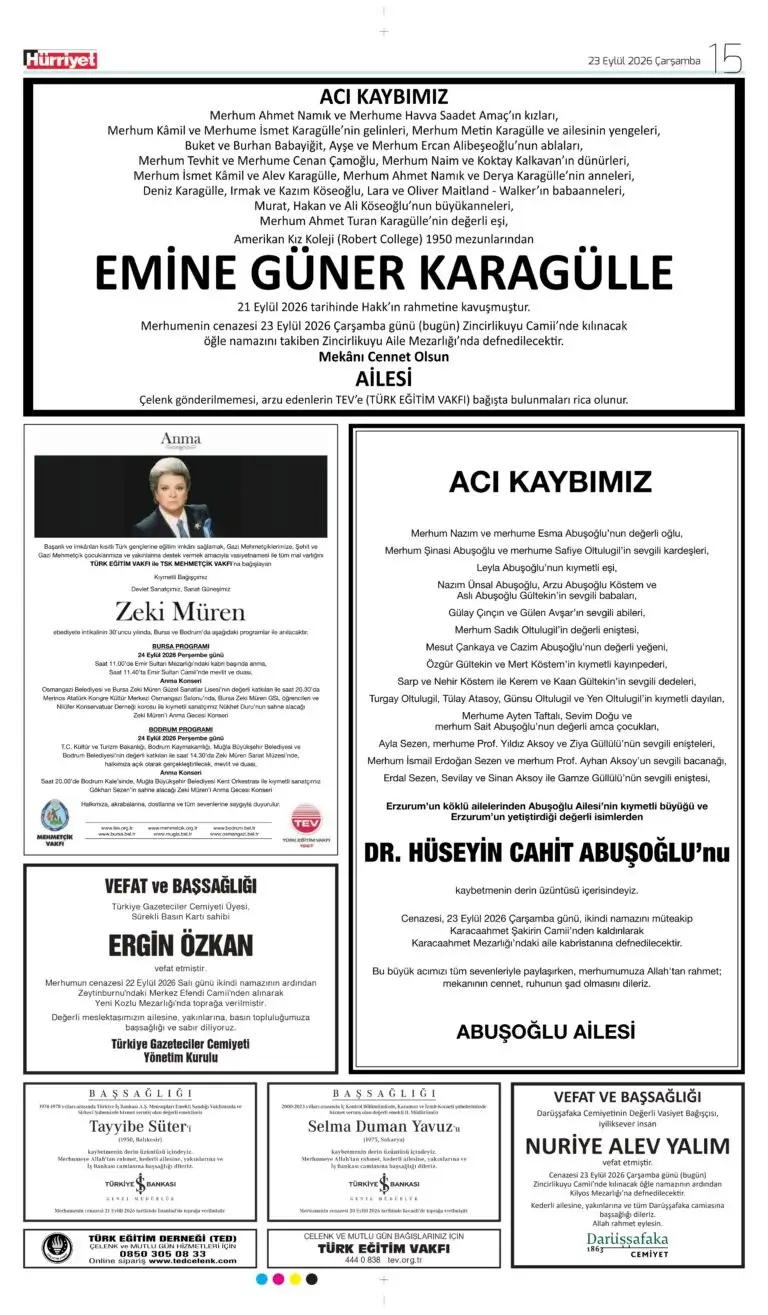 23 EYLÜL 2026 Hürriyet Vefat, Başsağlığı ilanı