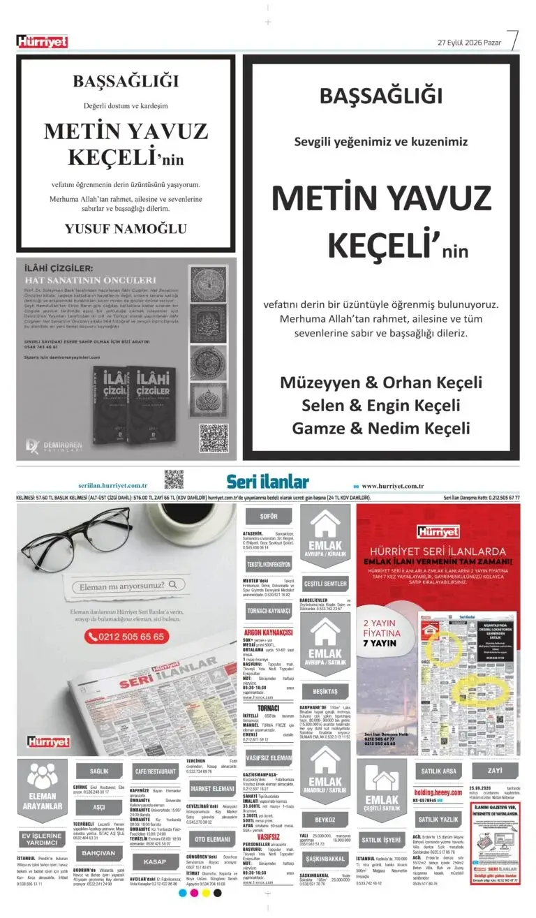27 EYLÜL 2026 Hürriyet Vefat, Başsağlığı ilanı