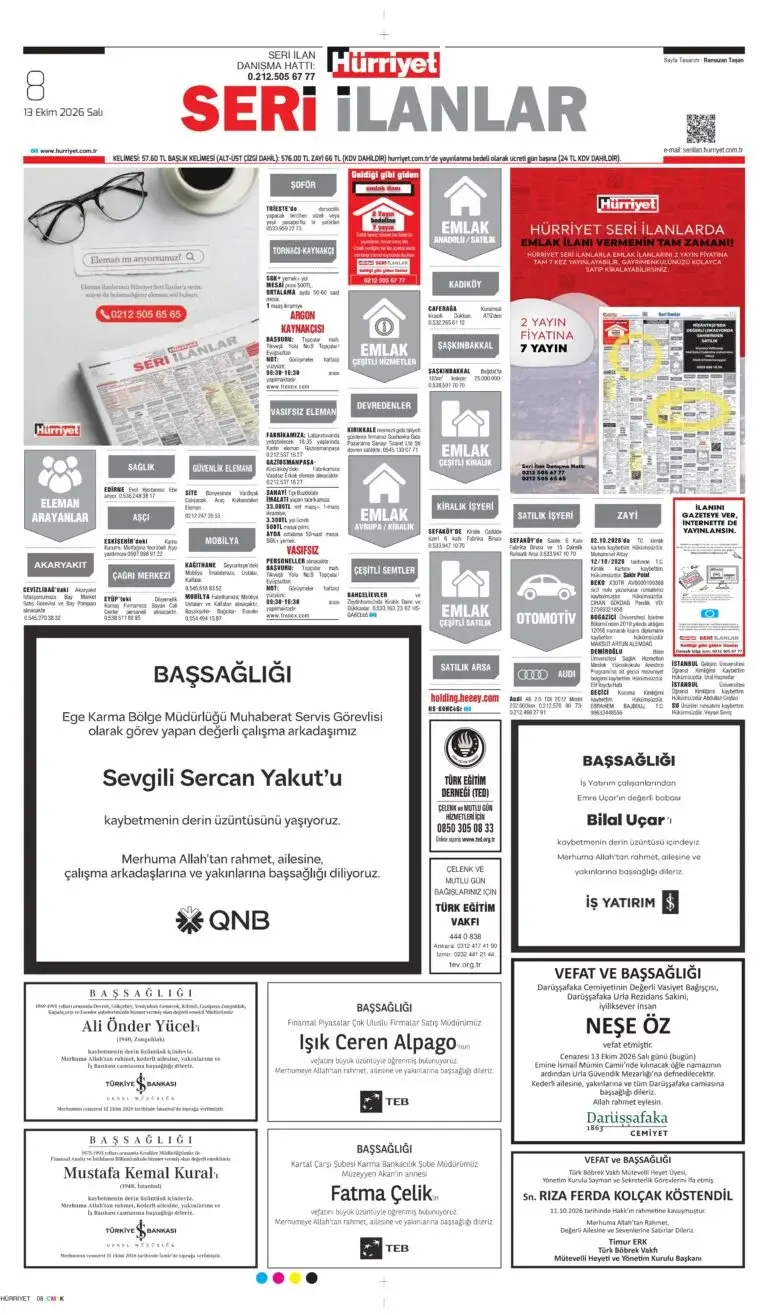 13 ekim 2026 Vefat, Başsağlığı, teşekkür ilanları